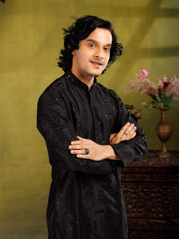 Black Kurta Set With Sequin Embroidery, With Pant - Diadem