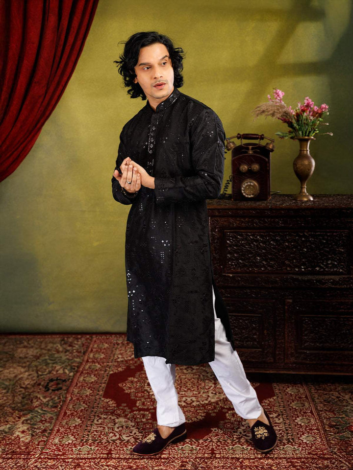 Black Kurta Set With Sequin Embroidery, With Pant - Diadem