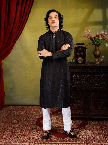 Black Kurta Set With Sequin Embroidery, With Pant - Diadem