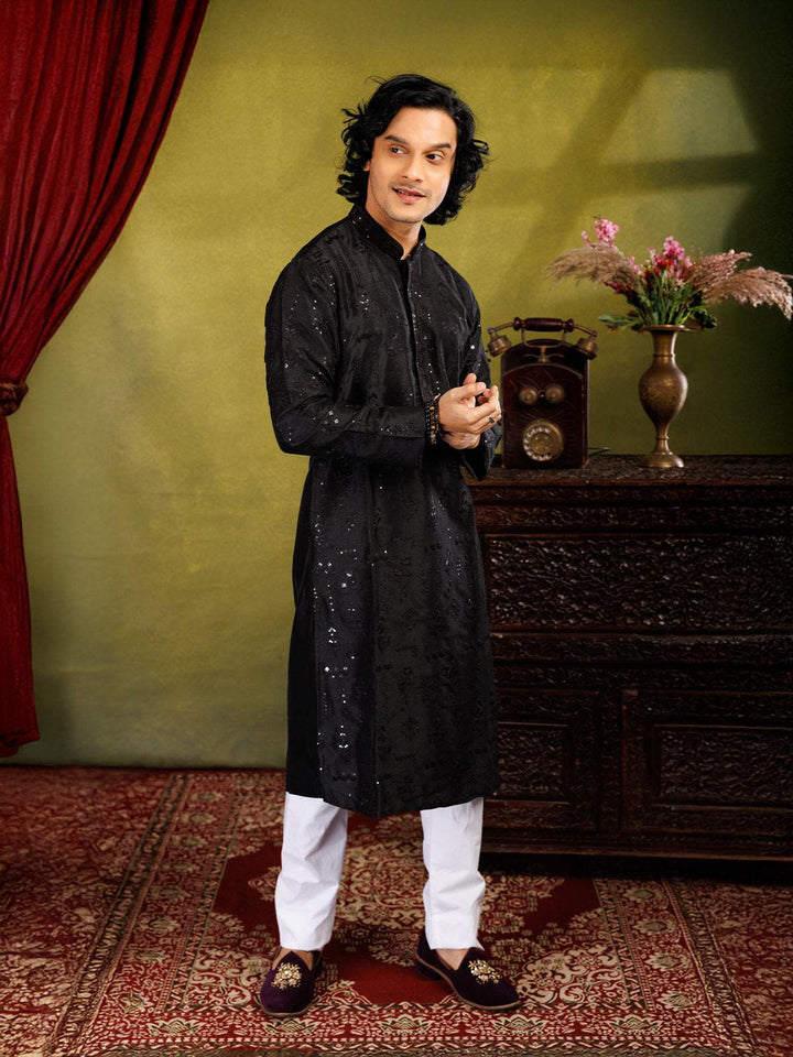 Black Kurta Set With Sequin Embroidery, With Pant - Diadem