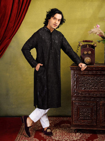 Black Kurta Set With Sequin Embroidery, With Pant - Diadem