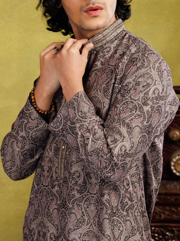 Grey Kurta Set With Floral Printed Designs, With Pant - Diadem