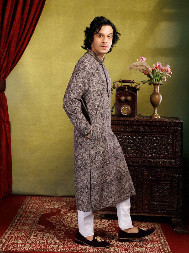 Grey Kurta Set With Floral Printed Designs, With Pant - Diadem