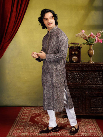 Grey Kurta Set With Floral Printed Designs, With Pant - Diadem