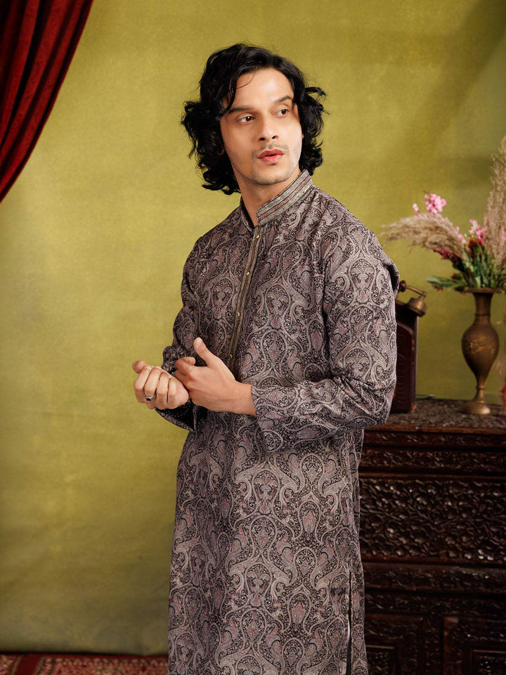 Grey Kurta Set With Floral Printed Designs, With Pant - Diadem