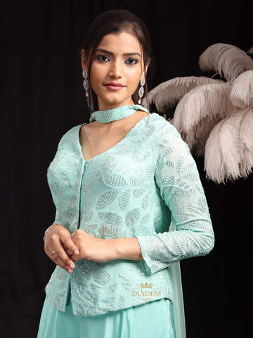 Teal Blue Palazzo Salwar Suit for Girls Adorned with Sequins Flower Design Paired with Dupatta - Diadem