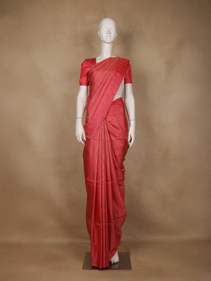 Coral Red Striped Design Soft Silk Saree - Diadem