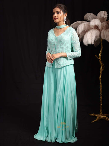 Teal Blue Palazzo Salwar Suit for Girls Adorned with Sequins Flower Design Paired with Dupatta - Diadem