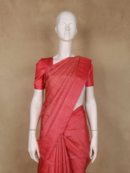 Coral Red Striped Design Soft Silk Saree - Diadem