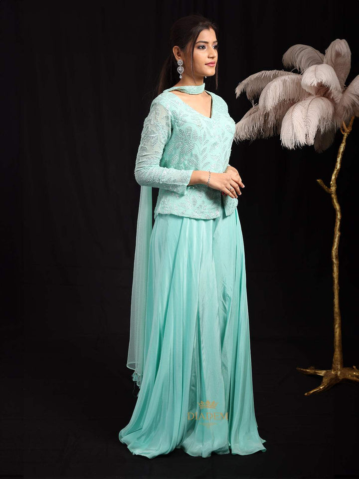 Teal Blue Palazzo Salwar Suit for Girls Adorned with Sequins Flower Design Paired with Dupatta - Diadem