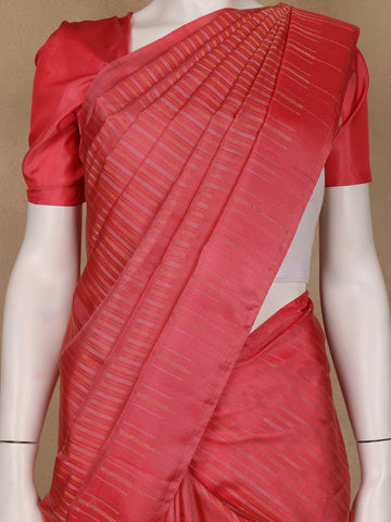 Coral Red Striped Design Soft Silk Saree - Diadem