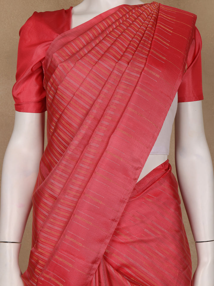Coral Red Striped Design Soft Silk Saree - Diadem