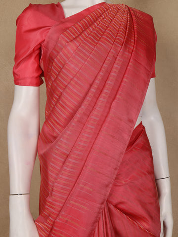 Coral Red Striped Design Soft Silk Saree - Diadem