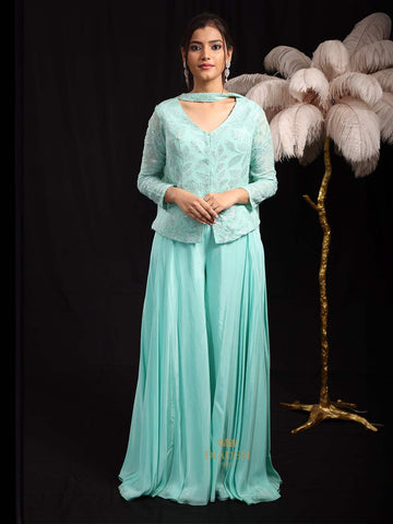 Teal Blue Palazzo Salwar Suit for Girls Adorned with Sequins Flower Design Paired with Dupatta - Diadem