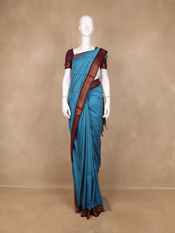Blue Peacock Designed Cotton Saree - Diadem