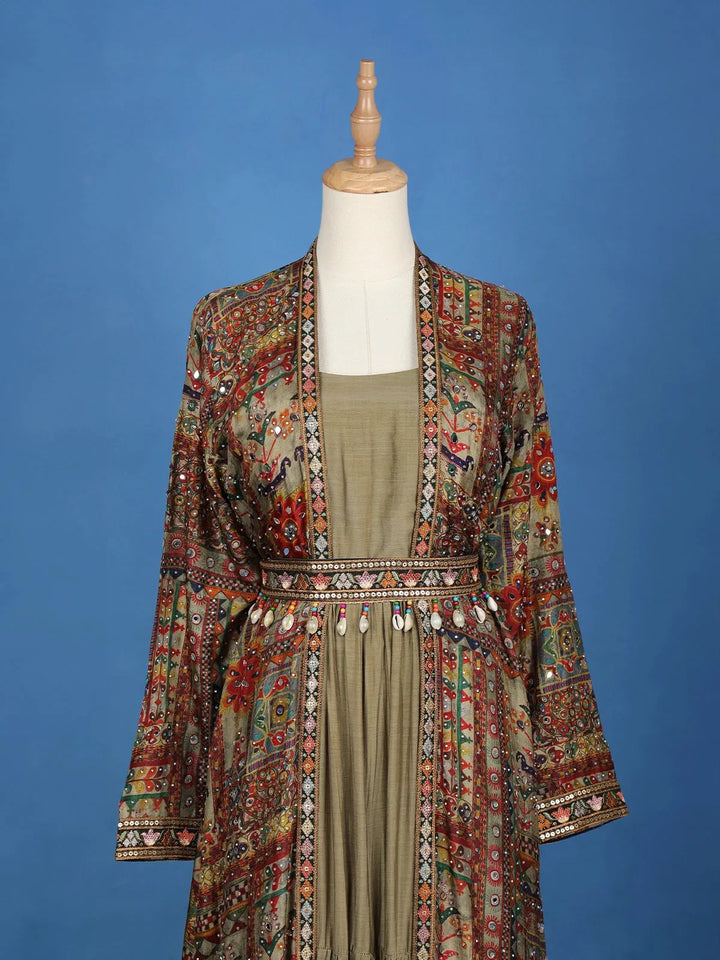 Olive Green Gown With Embroidered Mirror Work Jacket - Diadem