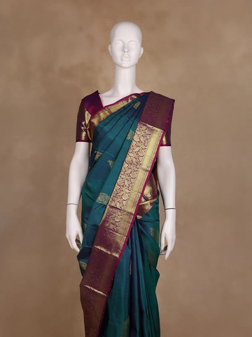 Teal Blue Floral Zari Woven Kanchipuram Silk Saree - Diadem