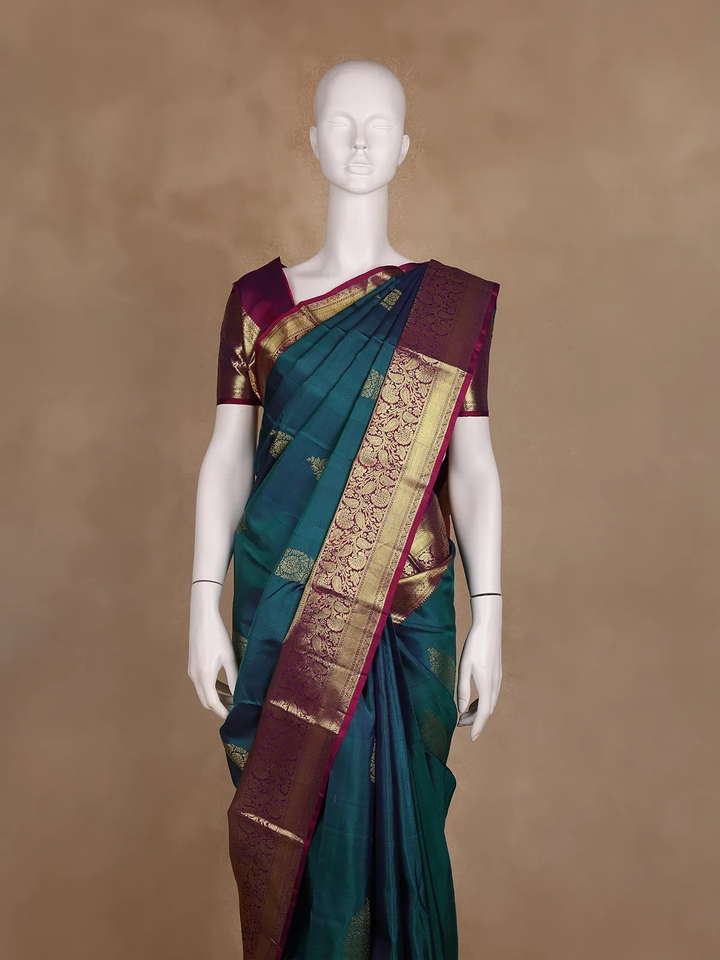 Teal Blue Floral Zari Woven Kanchipuram Silk Saree - Diadem