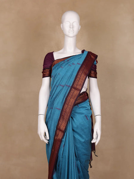 Blue Peacock Designed Cotton Saree - Diadem