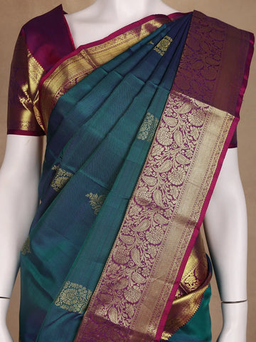 Teal Blue Floral Zari Woven Kanchipuram Silk Saree - Diadem