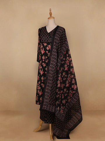 Black Floral Designed Cotton Salwar Suit - Diadem