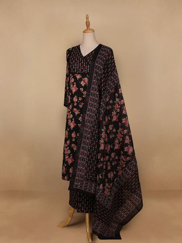 Black Floral Designed Cotton Salwar Suit - Diadem