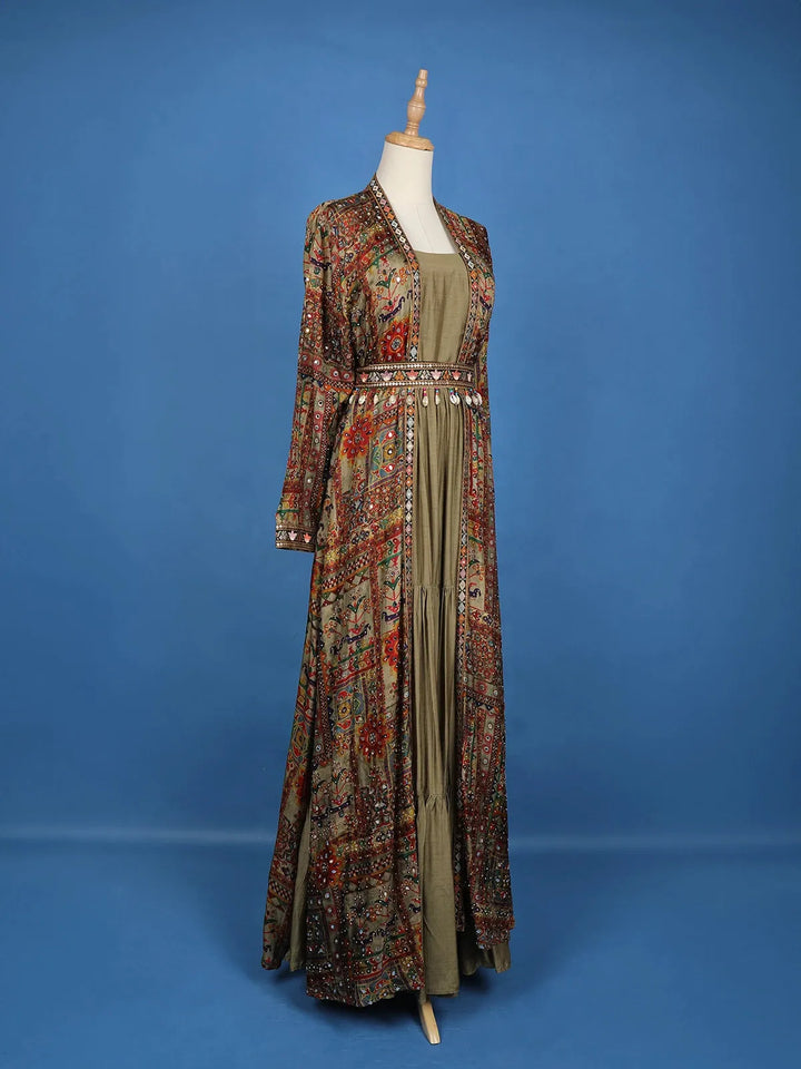 Olive Green Gown With Embroidered Mirror Work Jacket - Diadem
