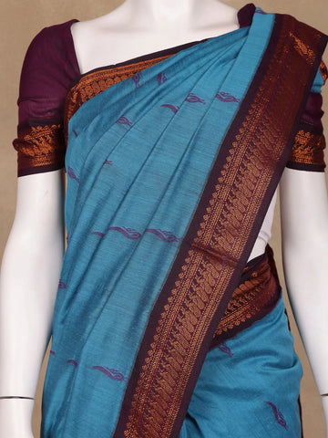 Blue Peacock Designed Cotton Saree - Diadem