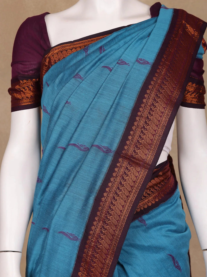 Blue Peacock Designed Cotton Saree - Diadem