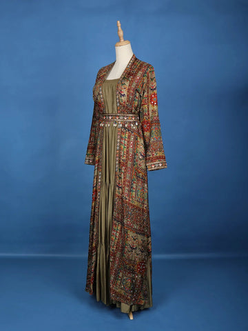 Olive Green Gown With Embroidered Mirror Work Jacket - Diadem