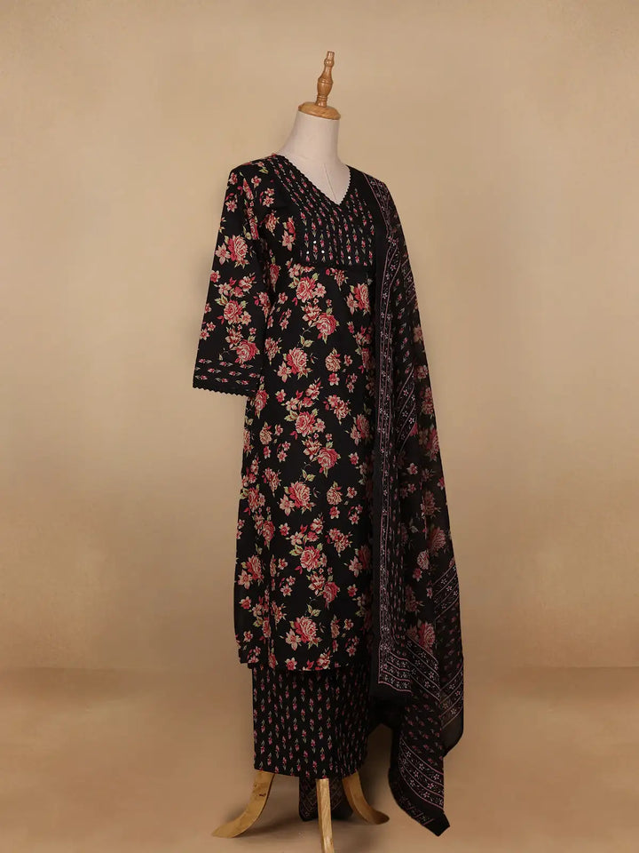 Black Floral Designed Cotton Salwar Suit - Diadem