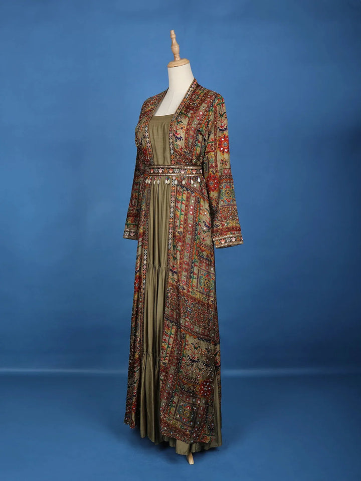 Olive Green Gown With Embroidered Mirror Work Jacket - Diadem