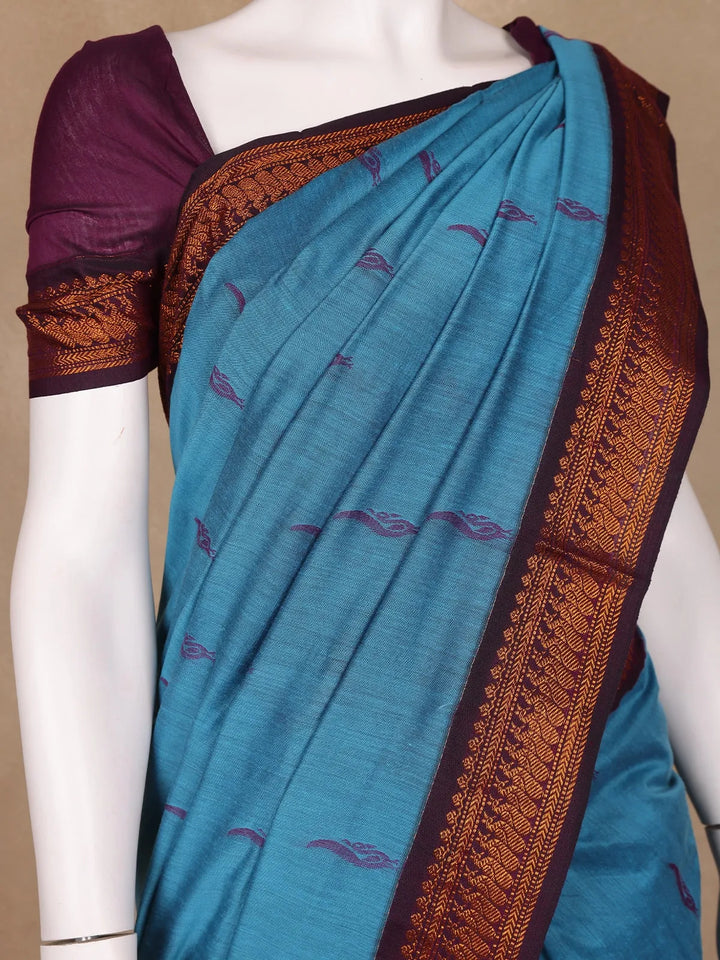 Blue Peacock Designed Cotton Saree - Diadem