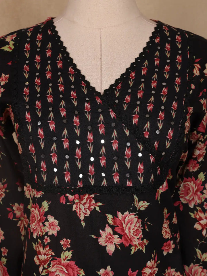 Black Floral Designed Cotton Salwar Suit - Diadem