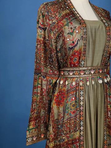 Olive Green Gown With Embroidered Mirror Work Jacket - Diadem