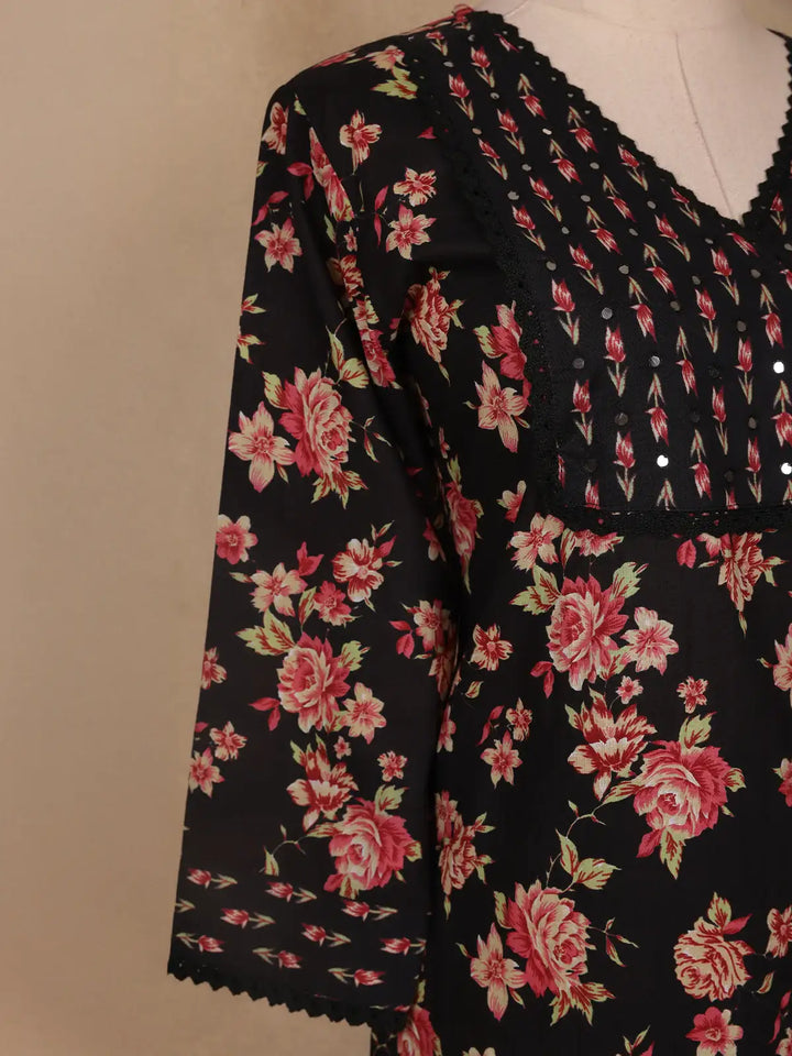 Black Floral Designed Cotton Salwar Suit - Diadem
