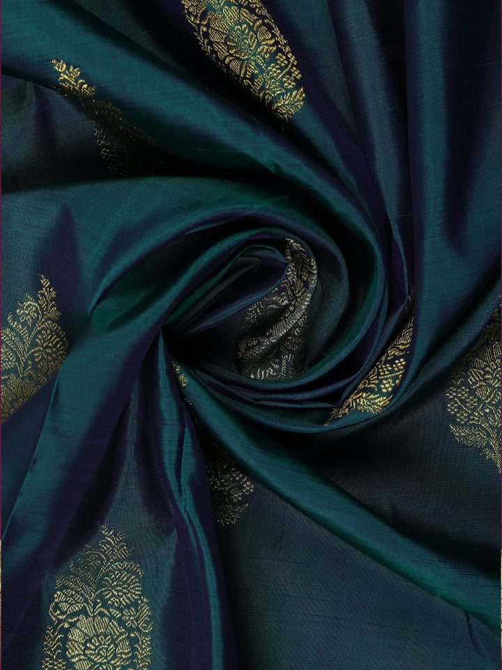 Teal Blue Floral Zari Woven Kanchipuram Silk Saree - Diadem