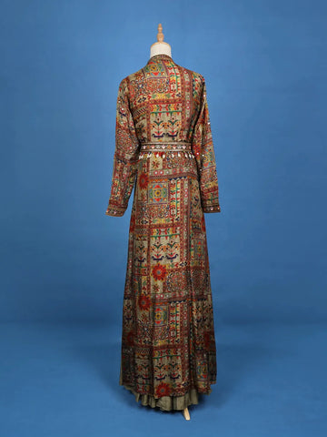 Olive Green Gown With Embroidered Mirror Work Jacket - Diadem