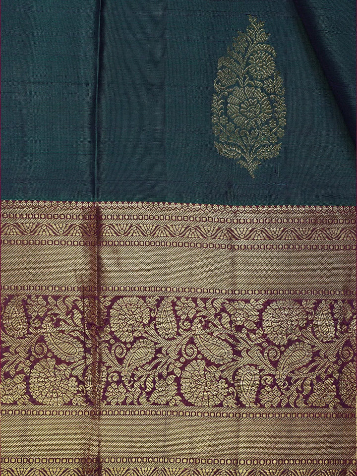 Teal Blue Floral Zari Woven Kanchipuram Silk Saree - Diadem