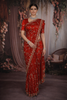 Rich Crimson Red Floral Vine Sequins Embroidered Design Crepe Silk Fancy Saree with Scalloped Border