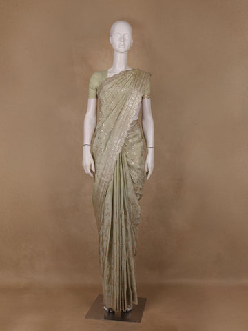 Pistachio Green Floral Embroidered Tissue Silk Saree with Scallop Border - Diadem
