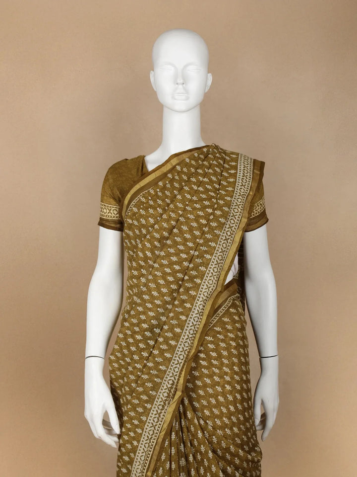 Mustard Green Floral Designed Cotton Saree - Diadem