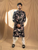 Black Raw Silk Floral Designed Sherwani Suit