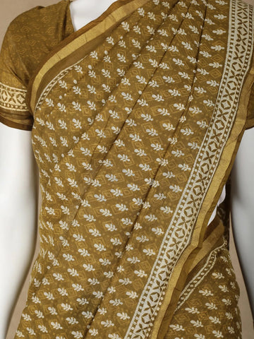 Mustard Green Floral Designed Cotton Saree - Diadem
