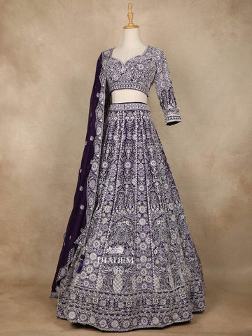 Dark Purple Net Floral Designed Party Wear Lehenga - Diadem