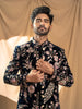 Black Raw Silk Floral Designed Sherwani Suit