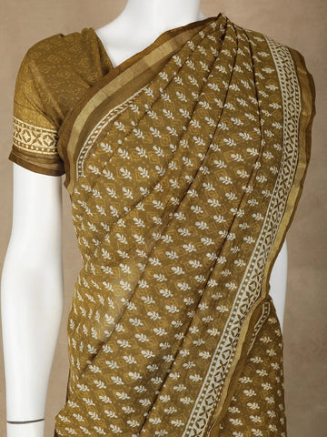 Mustard Green Floral Designed Cotton Saree - Diadem