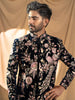 Black Raw Silk Floral Designed Sherwani Suit