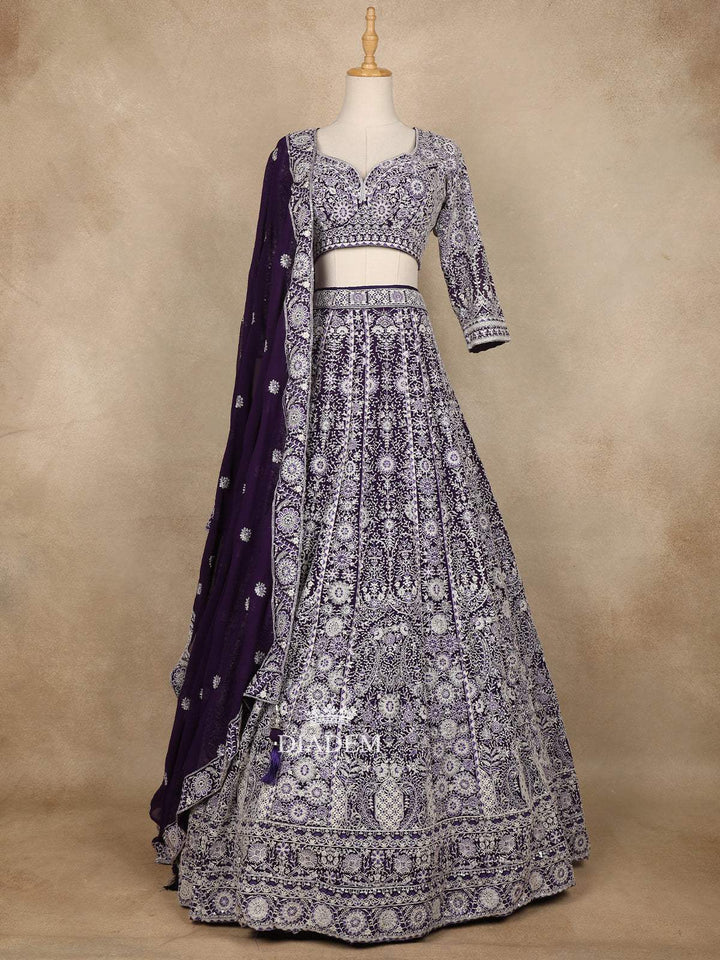 Dark Purple Net Floral Designed Party Wear Lehenga - Diadem