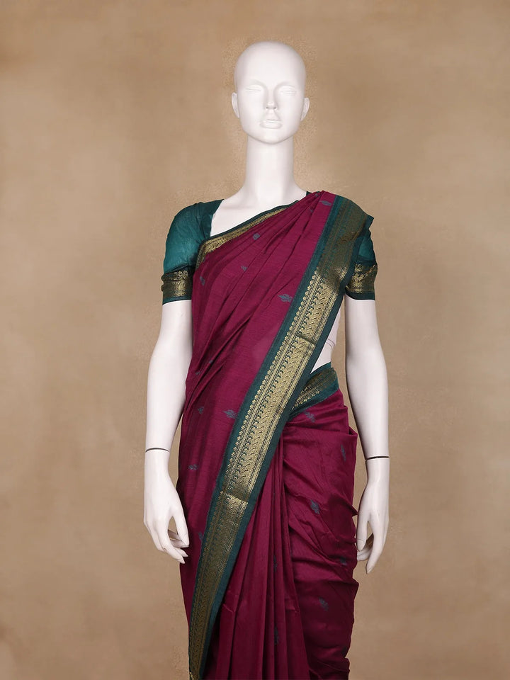 Dark Red Floral Butta Motif Cotton Saree - Diadem